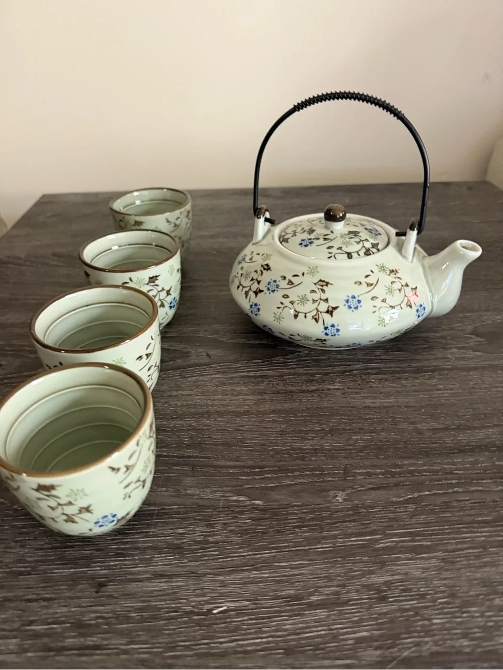Pier 1 Imports Tomoko Hand-Painted Porcelain Teapot & 4 Cups – 5 Pc Tea Set